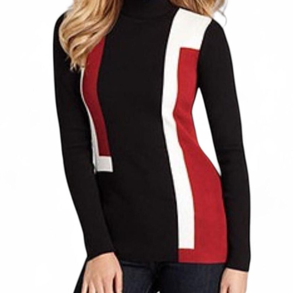 90's Colorblock Red, White, & Black Turtleneck, Ribbed Sweater. Small. - Picture 4 of 7